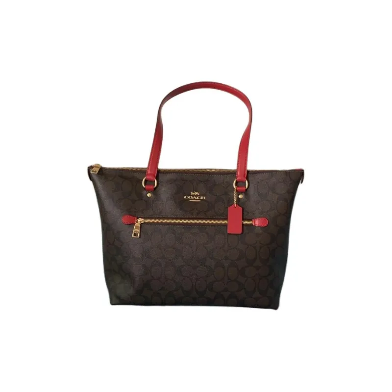 COACH Gallery Leather Tote Bag, Shopping Bag, Handbag, Shoulder Bag Large Size Women's Brown & Red-0