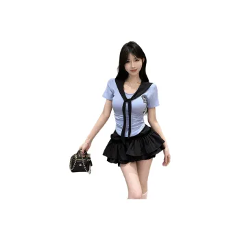 Dior Beauty Two Piece Skirt Sets Women's Blue Short Sleeved Top, Black Skirt Pants