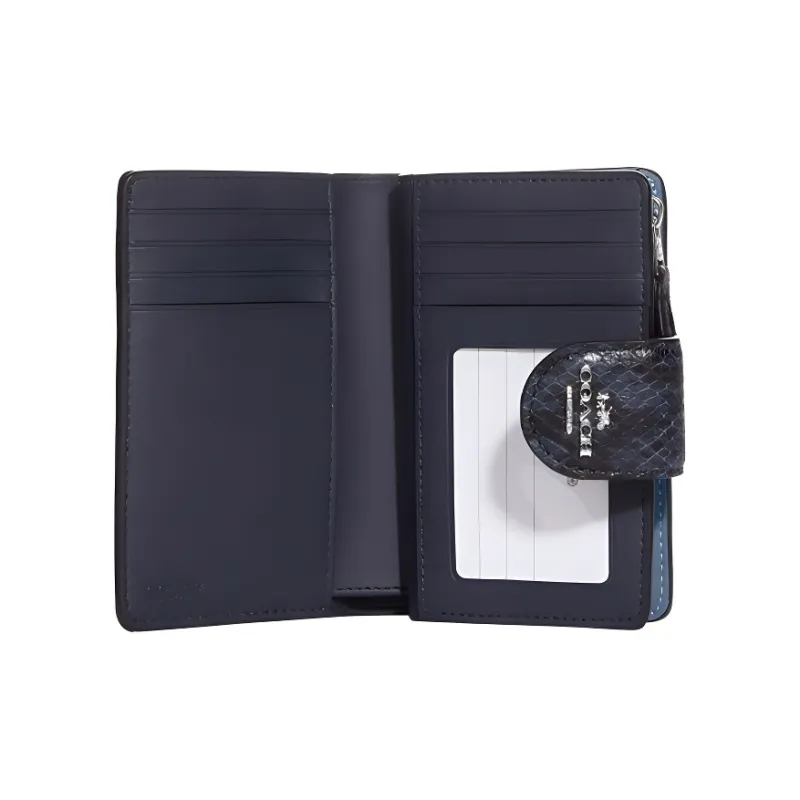 COACH Corner Zip Smooth Leather With Snakeskin Print And Embossed Leather Card Holder Wallet Women's Indigo-2