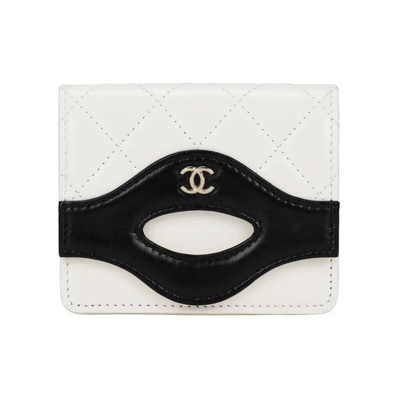 CHANEL Leather Wallet Women's White & Black-0