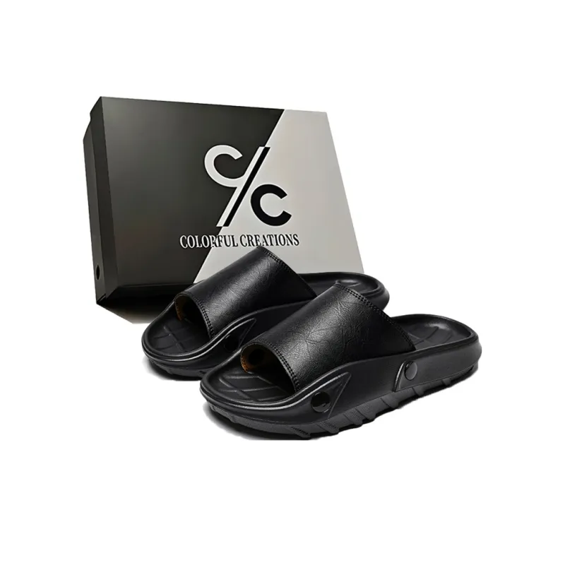 Colorful Creations Leather Patchwork Quiet, Slip Resistant, Quick Dry Slide Slippers Men's-0