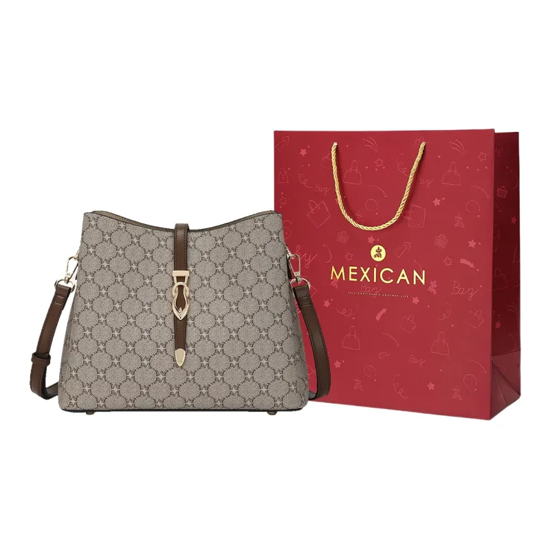 MEXICAN Polyurethane Bucket Bag, Shoulder Bag Regular Women's Dark Brown/Khaki-0