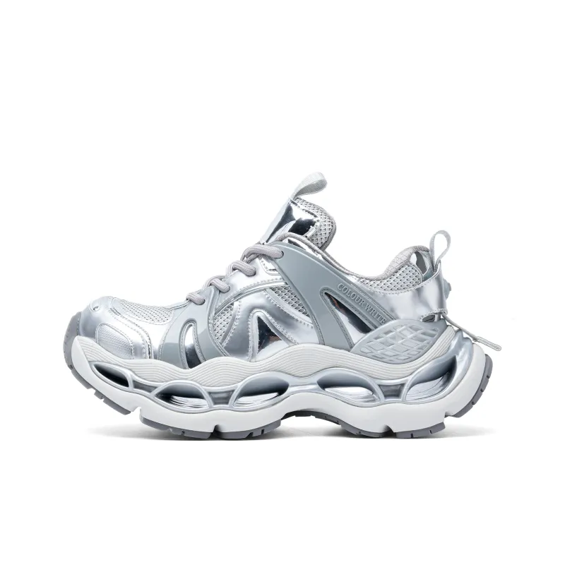 COLOUR WRITE Urban Techwear Cushioning, Breathable, Height Increasing Low Top Chunky Sneakers Unisex Silver-0
