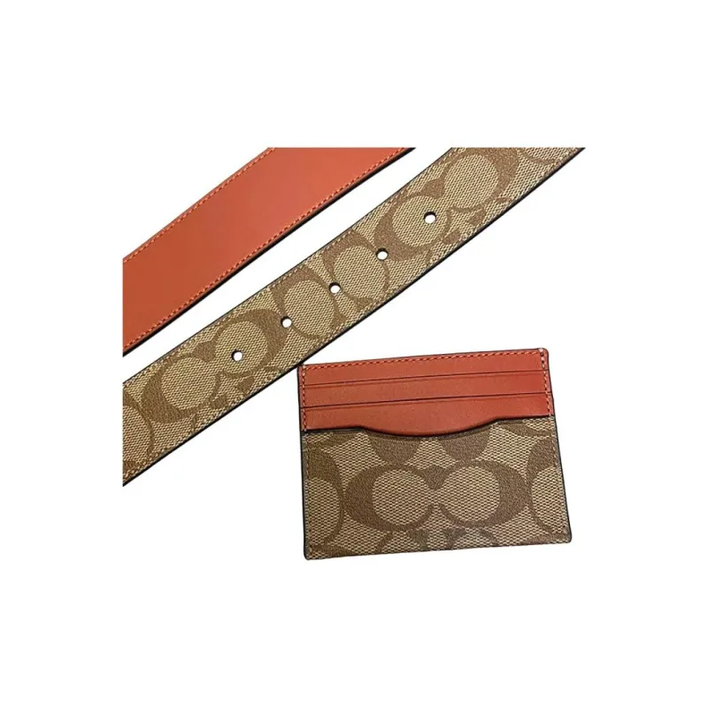 COACH Card Case Canvas With Calfskin Belt Card Holder Mini Men's Khaki & Earth Tone Red-2