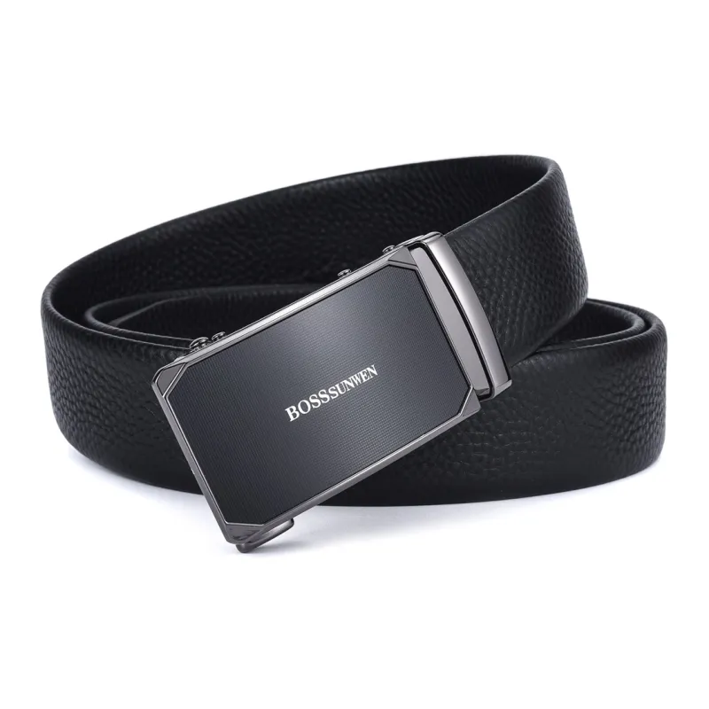 BOSSSUNWEN Top Grain Cow Leather Belts Men's Black Width 3.5cm-1