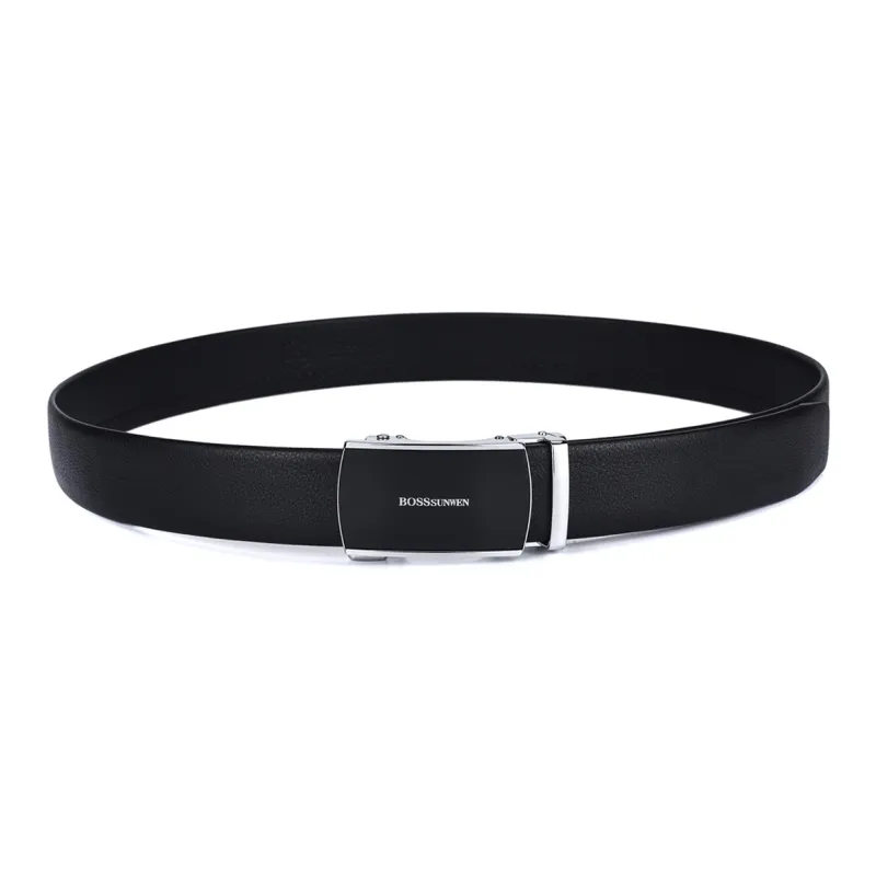 BOSSSUNWEN Men's Alloy Automatic Buckle Belt Cow Leather Belt Men's Black Width 3.5CM-2