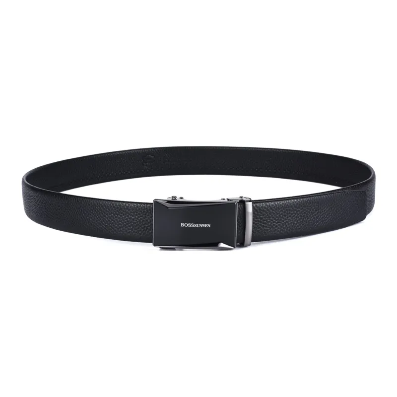 BOSSSUNWEN Top Grain Cow Leather Belts Men's Black Width  3.5cm-2