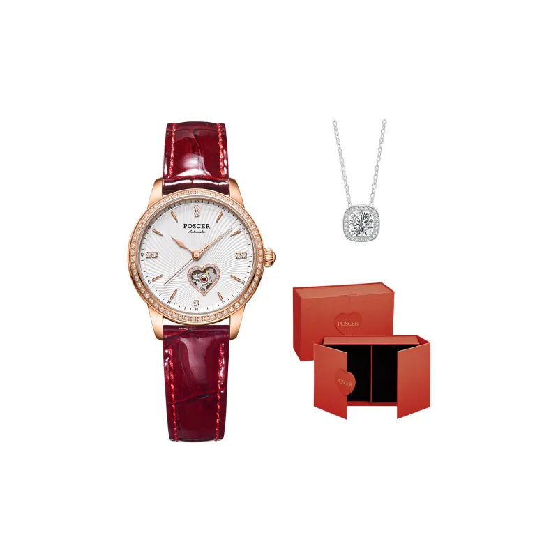 POSCER Heart To Heart Design KEYS Collection Mechanical Movement Genuine Leather Strap Watch Women's Watch White Dial-6