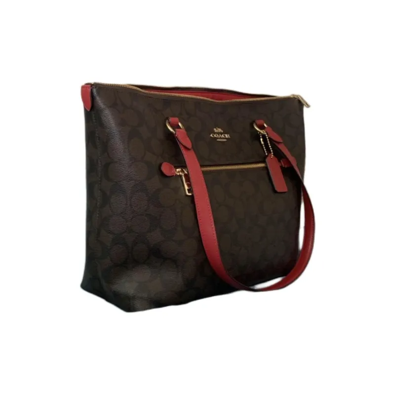 COACH Gallery Leather Tote Bag, Shopping Bag, Handbag, Shoulder Bag Large Size Women's Brown & Red-1