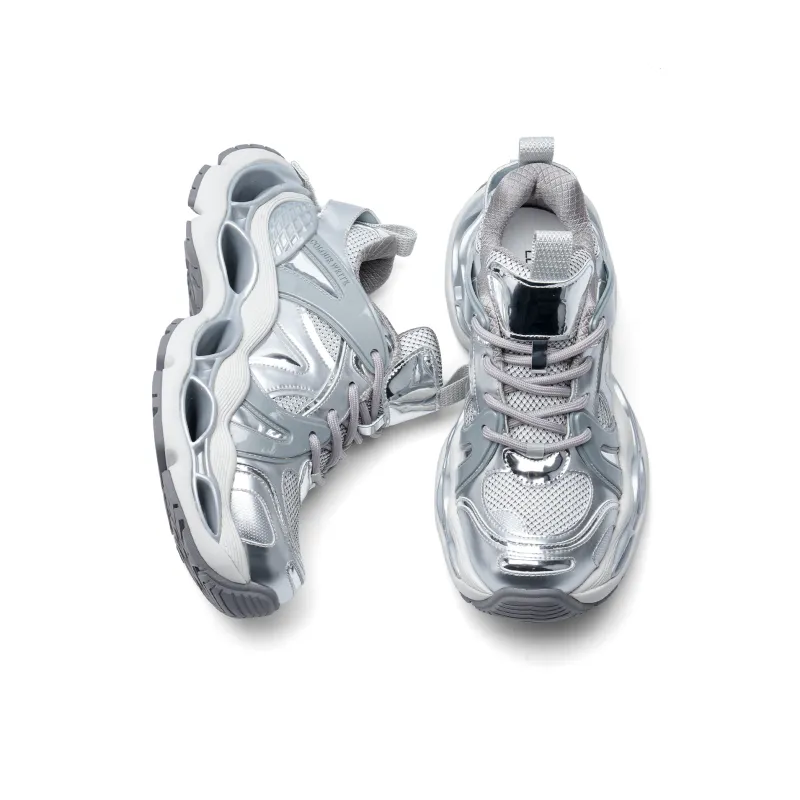COLOUR WRITE Urban Techwear Cushioning, Breathable, Height Increasing Low Top Chunky Sneakers Unisex Silver-3