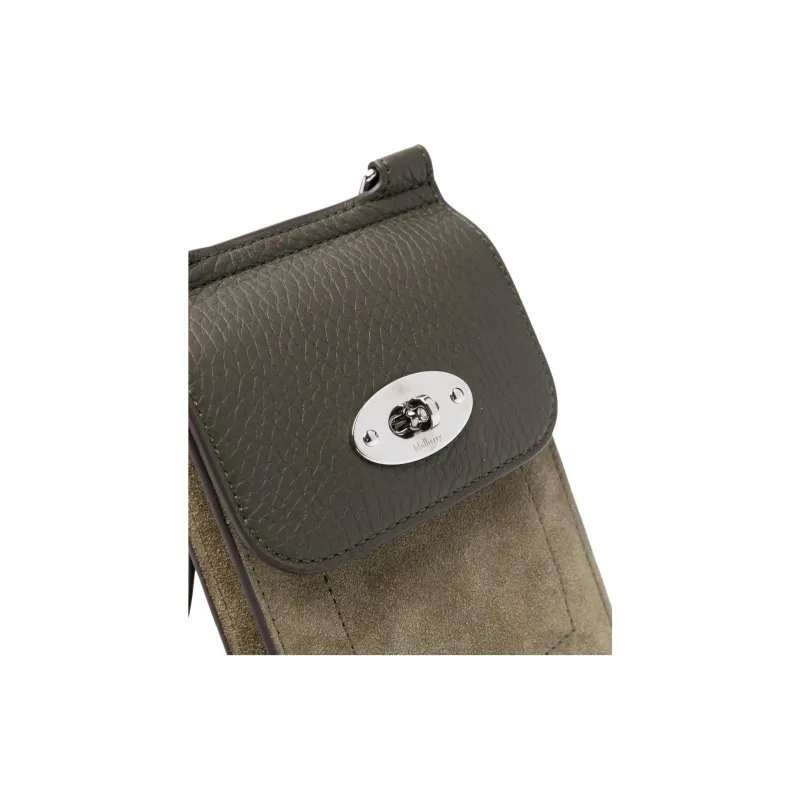 Mulberry Grained Cow Leather Suede Cell Phone Pouch Crossbody Bag Shoulder Bag Unisex Olive With Dark Green Accents-5