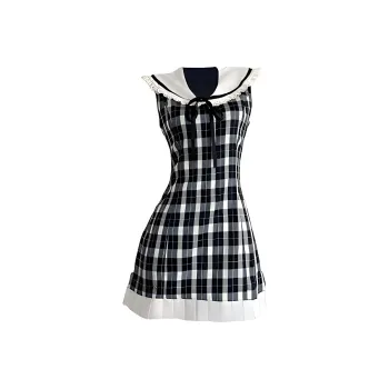 AHDO Sleeveless Dresses Women's Black White Plaid