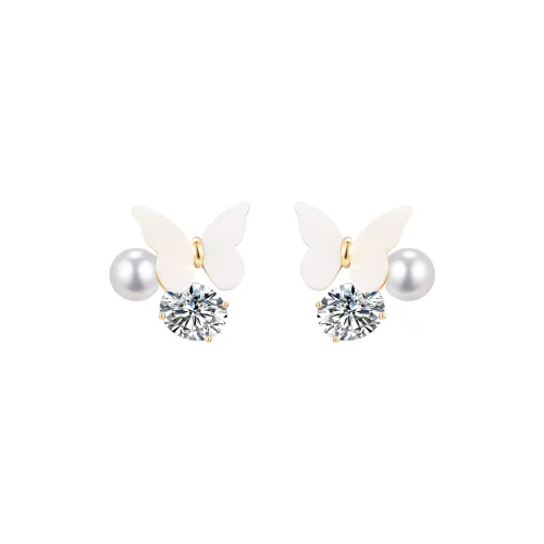 KEYS VIA Copper Alloy, Faux Pearl, Shell Beads, Synthetic Cubic Zirconia, Silver Needle Stud Earrings Women's