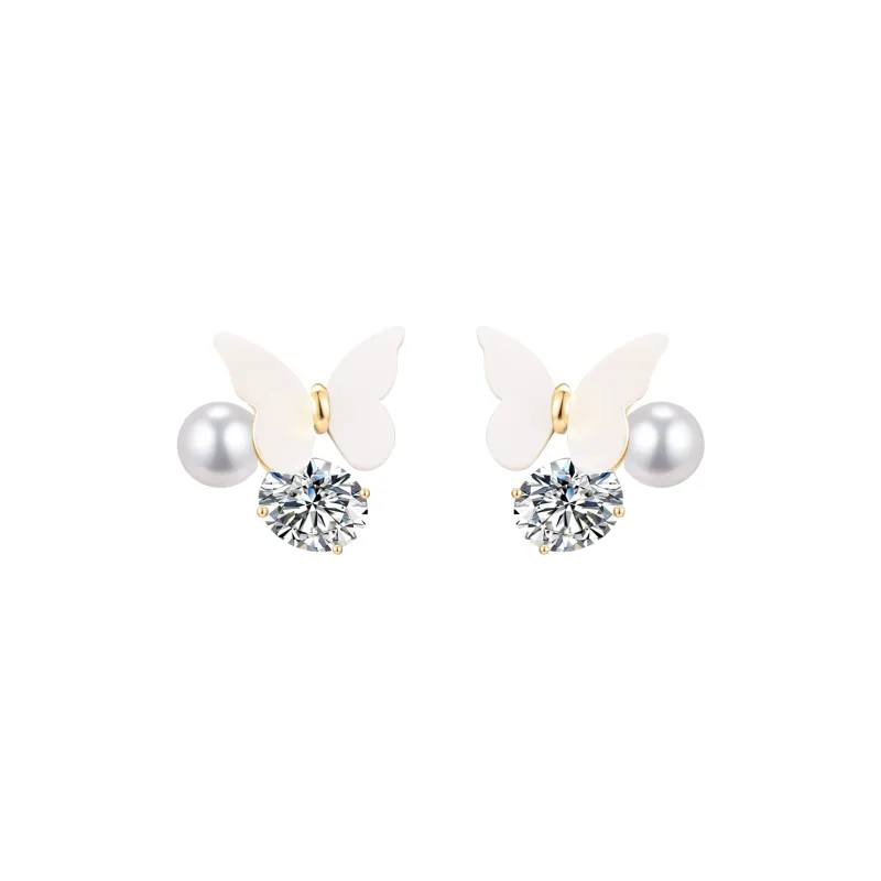 KEYS VIA Copper Alloy, Faux Pearl, Shell Beads, Synthetic Cubic Zirconia, Silver Needle Stud Earrings Women's-0