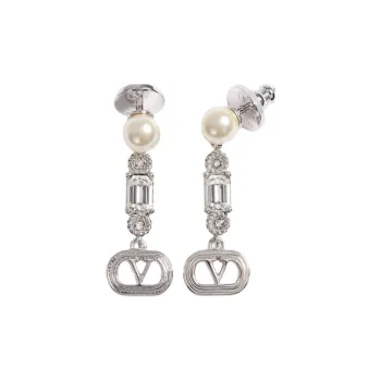 Valentino Metal, Pearl, Swarovski Crystal Earrings Unisex Silver