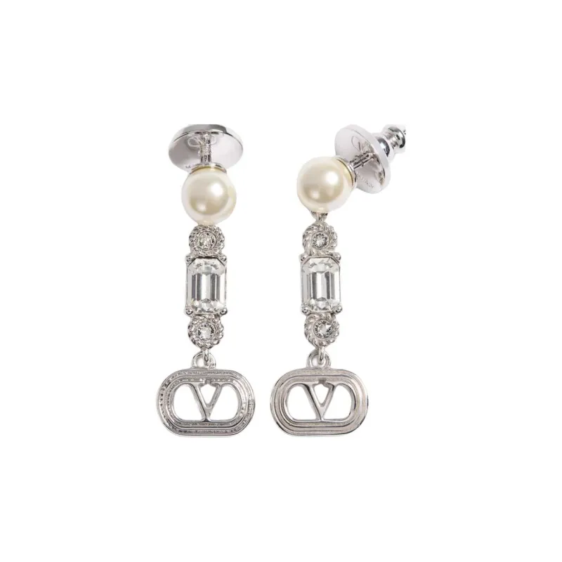 Valentino Metal, Pearl, Swarovski Crystal Earrings Unisex Silver-0