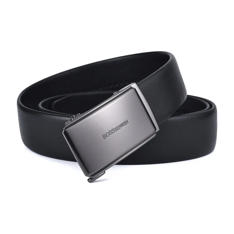 BOSSSUNWEN Top Grain Cow Leather Belts Men's Black Width  3.5cm-1