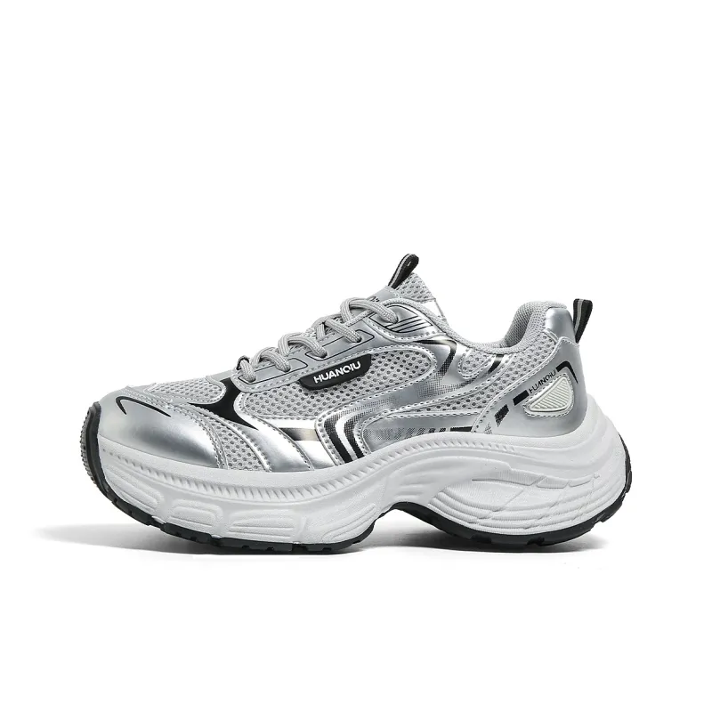 HUANQIU Height Increasing Abrasion Resistant Lightweight Slip Resistant Low Top Chunky Sneakers Women's Silver-0