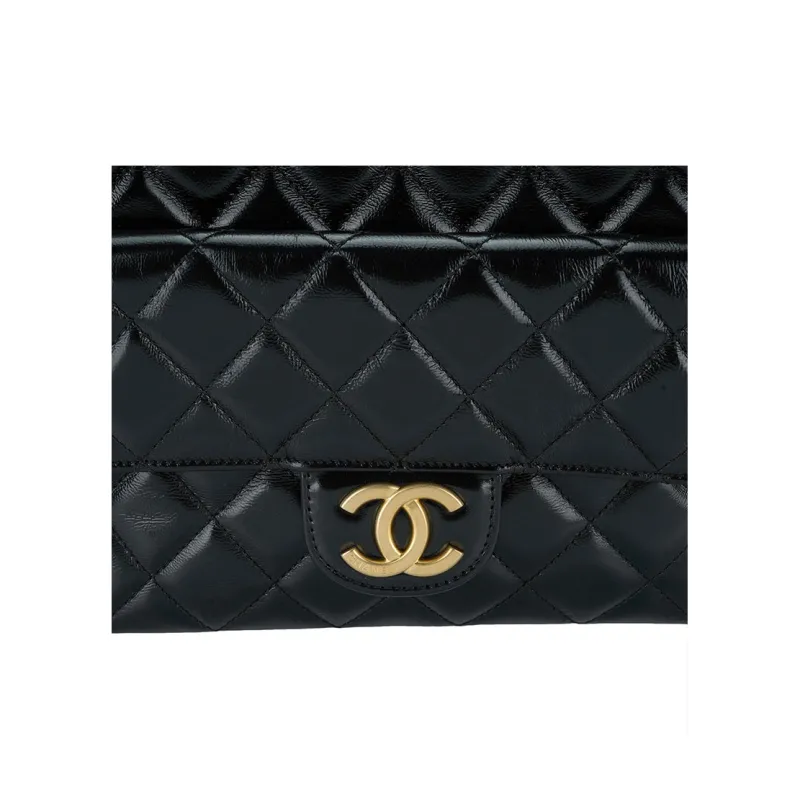 CHANEL Gold Tone Lock Shoulder Bag Women's Black-4