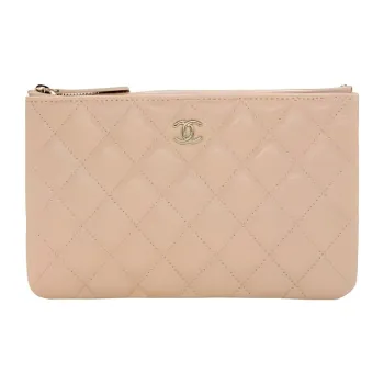 CHANEL Grained Calfskin Card Holder Wallet Clutches Women's Beige
