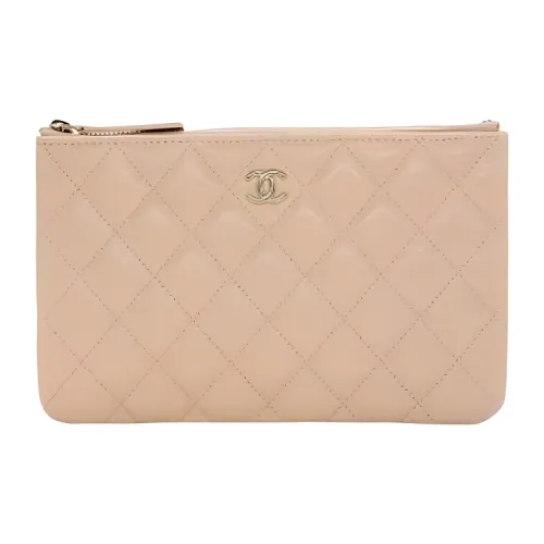 CHANEL Grained Calfskin Card Holder Wallet Clutches Women's Beige