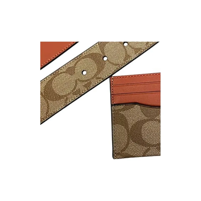 COACH Card Case Canvas With Calfskin Belt Card Holder Mini Men's Khaki & Earth Tone Red-3