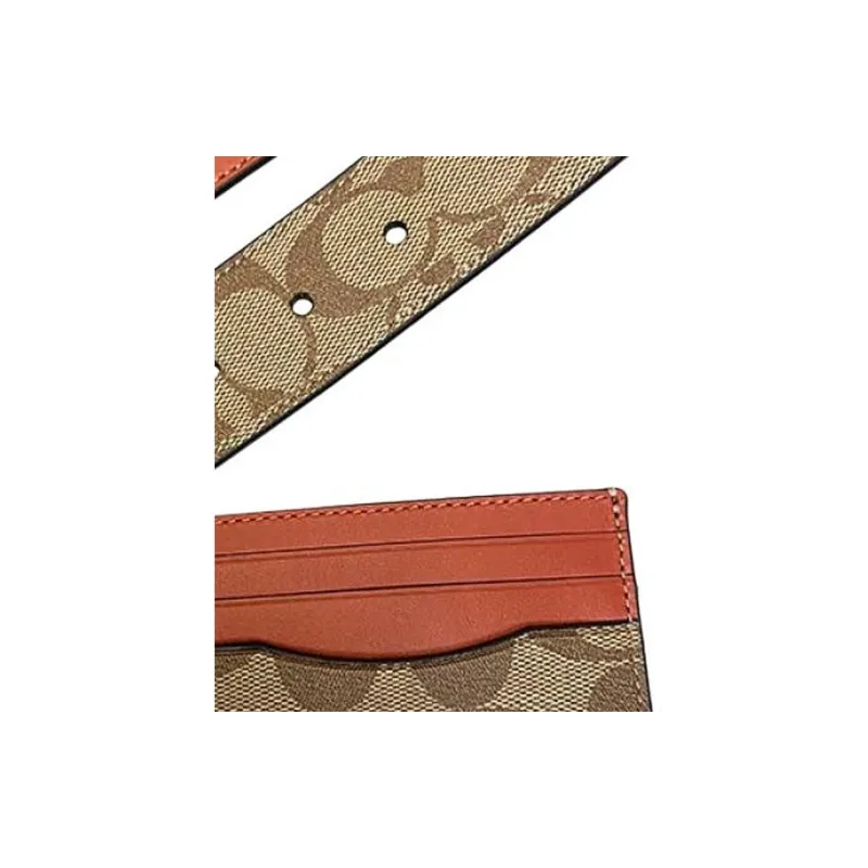 COACH Card Case Canvas With Calfskin Belt Card Holder Mini Men's Khaki & Earth Tone Red-4