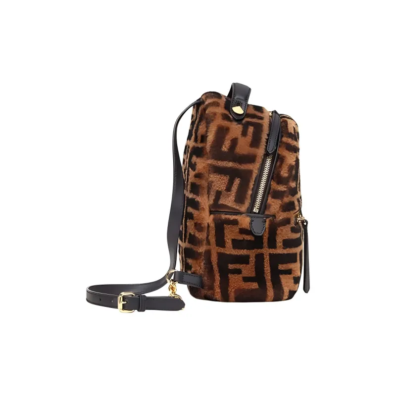 FENDI Shearling Cow Leather Patchwork Backpack Women's Brown-1
