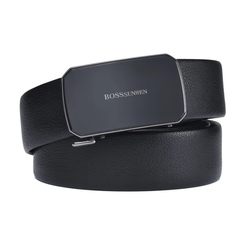 BOSSSUNWEN Men's Alloy Automatic Buckle Belt Cow Leather Belt Men's Black Width 3.5CM-3