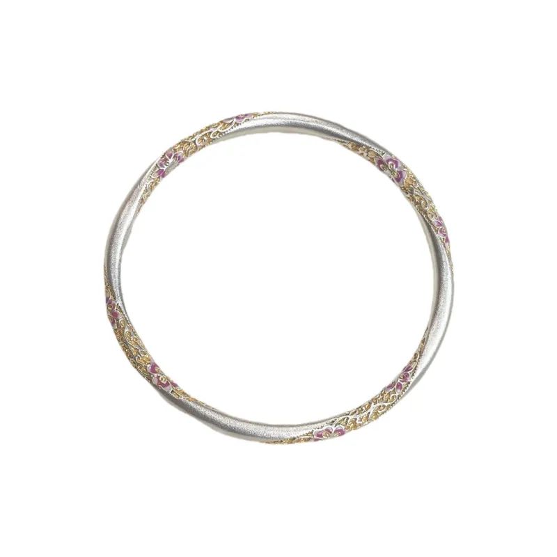YINI Enamel And Resin Heavy Work Bangle For Women's 999 Fine Silver .9 Gold Tracing Solid Closed End Women's-0