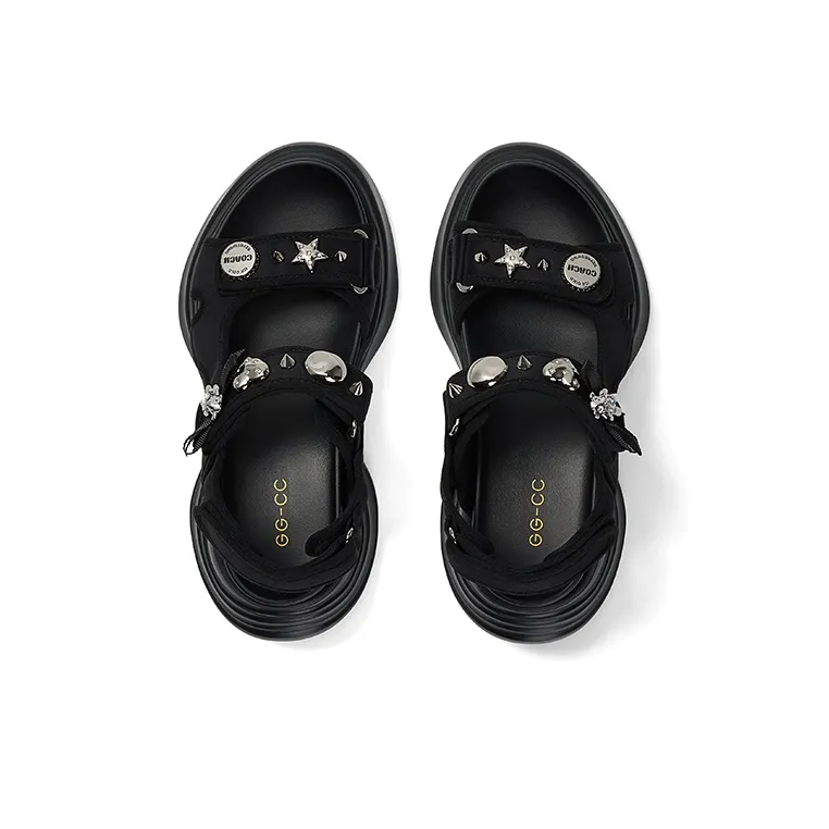 GG CC Platform Height Increasing One Strap Sandals 8cm Women's Black-2