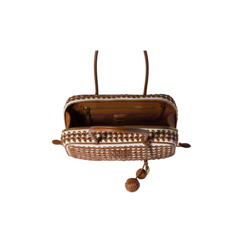 MIU MIU Beau Calfskin Handbag Women's Tea Brown & White-4
