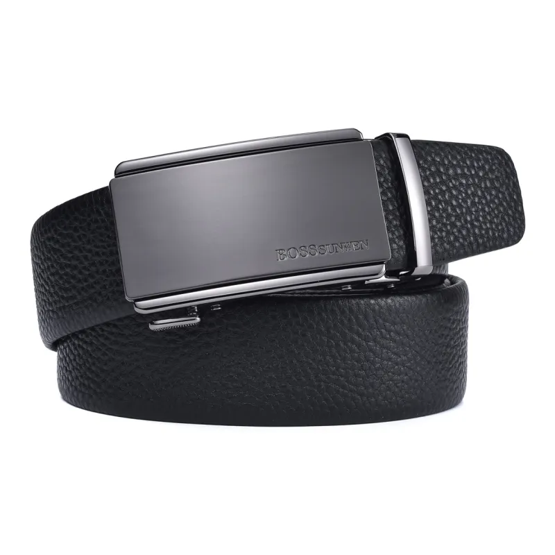 BOSSSUNWEN Top Grain Cow Leather Automatic Buckle Men's Black Width  3.5cm-3