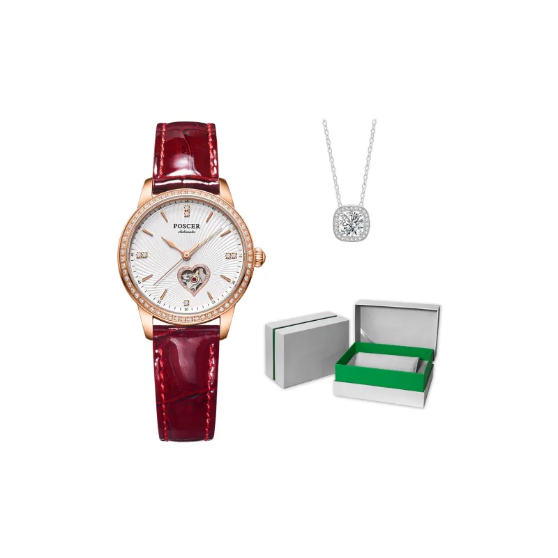 POSCER Heart To Heart Design KEYS Collection Mechanical Movement Genuine Leather Strap Watch Women's Watch White Dial-7