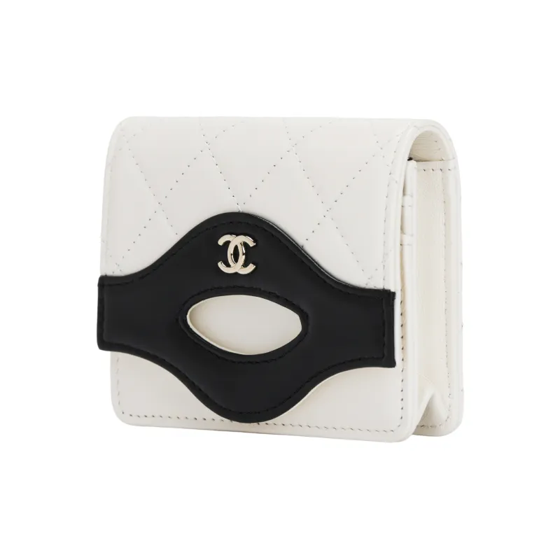 CHANEL Leather Wallet Women's White & Black-1