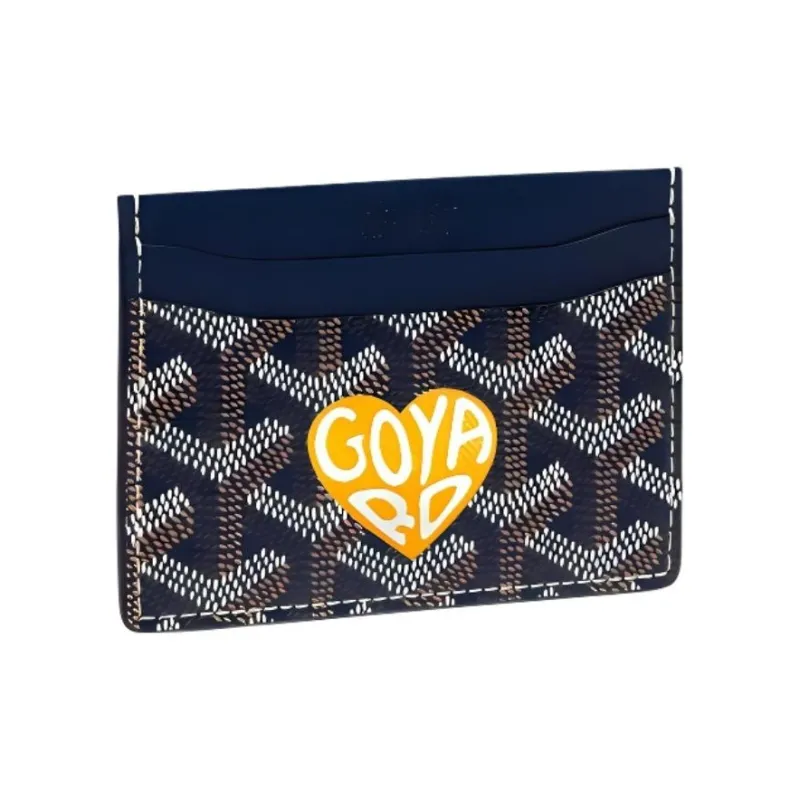 GOYARD Saint-Sulpice Canvas With Leather Dog's Teeth Card Clip Card Holder Unisex Navy Blue Spells Yellow Little Hearts-0