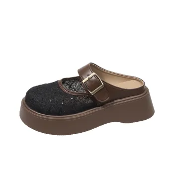 SUPEREDGE Rubber Sole Leather Patchwork Quiet Abrasion Resistant Closed Toe Slippers Women's