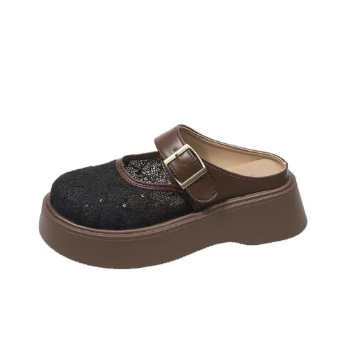 SUPEREDGE Rubber Sole Leather Patchwork Quiet Abrasion Resistant Closed Toe Slippers Women's