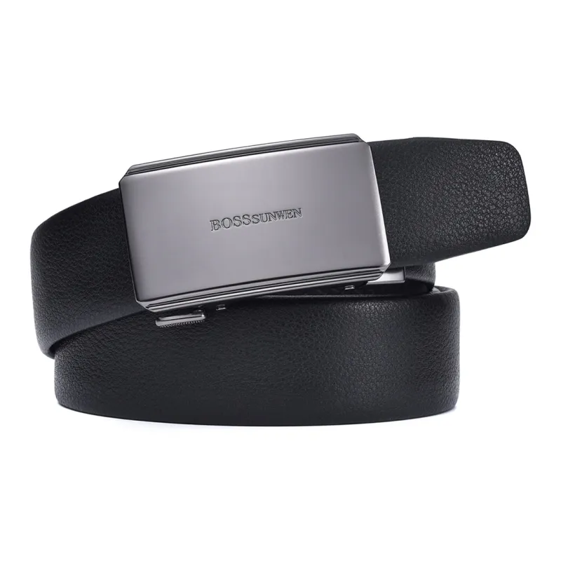 BOSSSUNWEN Top Grain Cow Leather Belts Men's Black Width  3.5cm-3