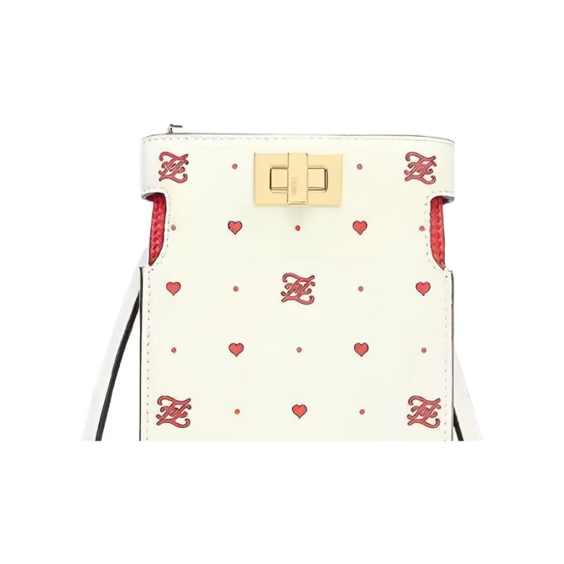 FENDI Peekaboo Leather Cell Phone Pouch Clutch Shoulder Bag Crossbody Bag Women's White/Red-4