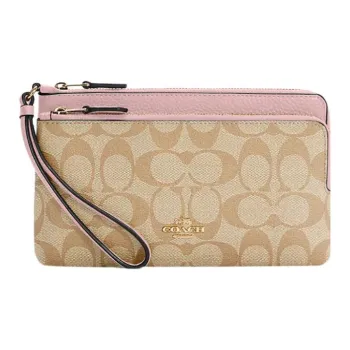 COACH Double Zip Wallet Canvas With Leather Card Holder, Wallet Trumpets Women's Khaki Monogram & Pink