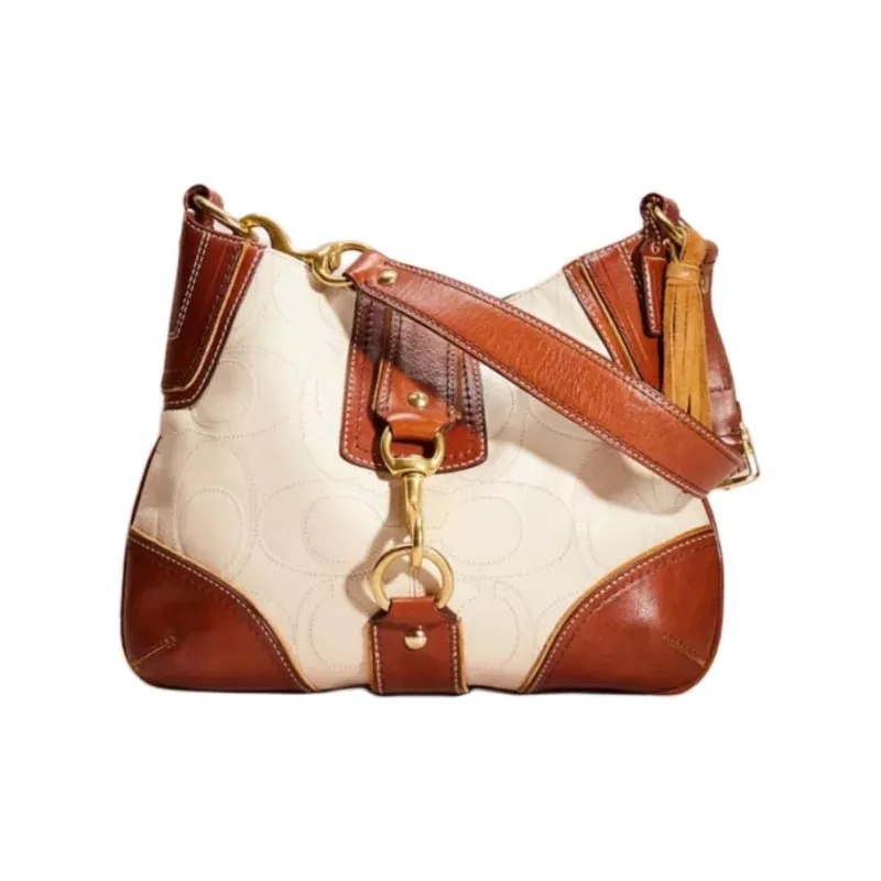 COACH Hamptons Leather Hobo Bag Handbag Shoulder Bag Women's Ecru & Brown-1