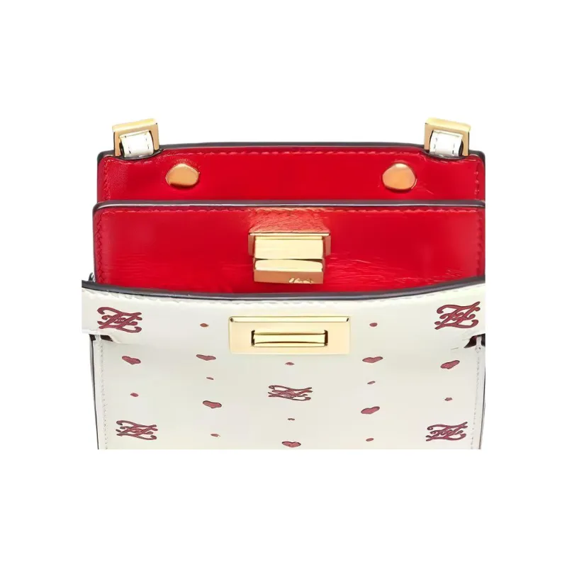 FENDI Peekaboo Leather Cell Phone Pouch Clutch Shoulder Bag Crossbody Bag Women's White/Red-3