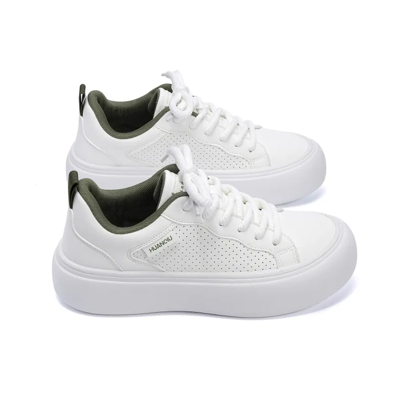 HUANQIU Coverage Lightweight Height Increasing Low Top Skateboard Shoes Men's White Green-4