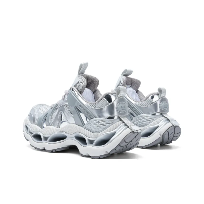 COLOUR WRITE Urban Techwear Cushioning, Breathable, Height Increasing Low Top Chunky Sneakers Unisex Silver-1