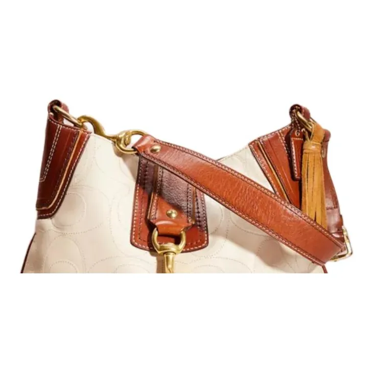 COACH Hamptons Leather Hobo Bag Handbag Shoulder Bag Women's Ecru & Brown-3