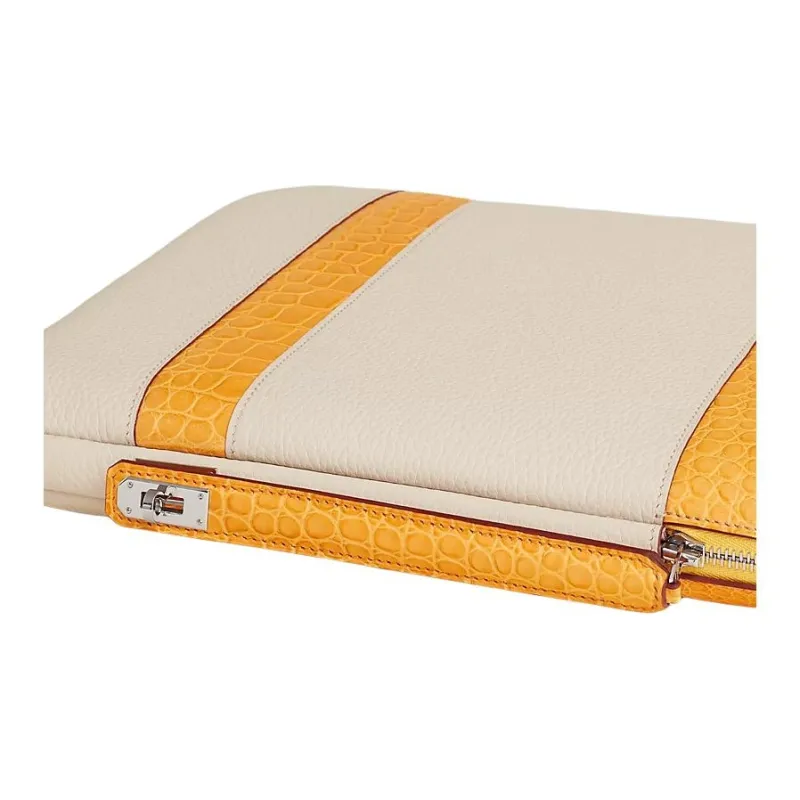 HERMES Leather Briefcase Unisex Light Gray & Gold-3