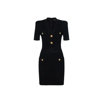 BALMAIN V Neck Woven Mesh Mini Dress