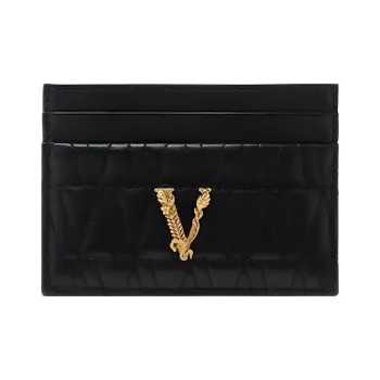 VERSACE Virtus Lambskin Card Holder Women's Black & Gold