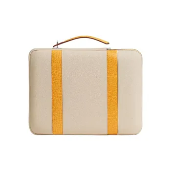 HERMES Leather Briefcase Unisex Light Gray & Gold